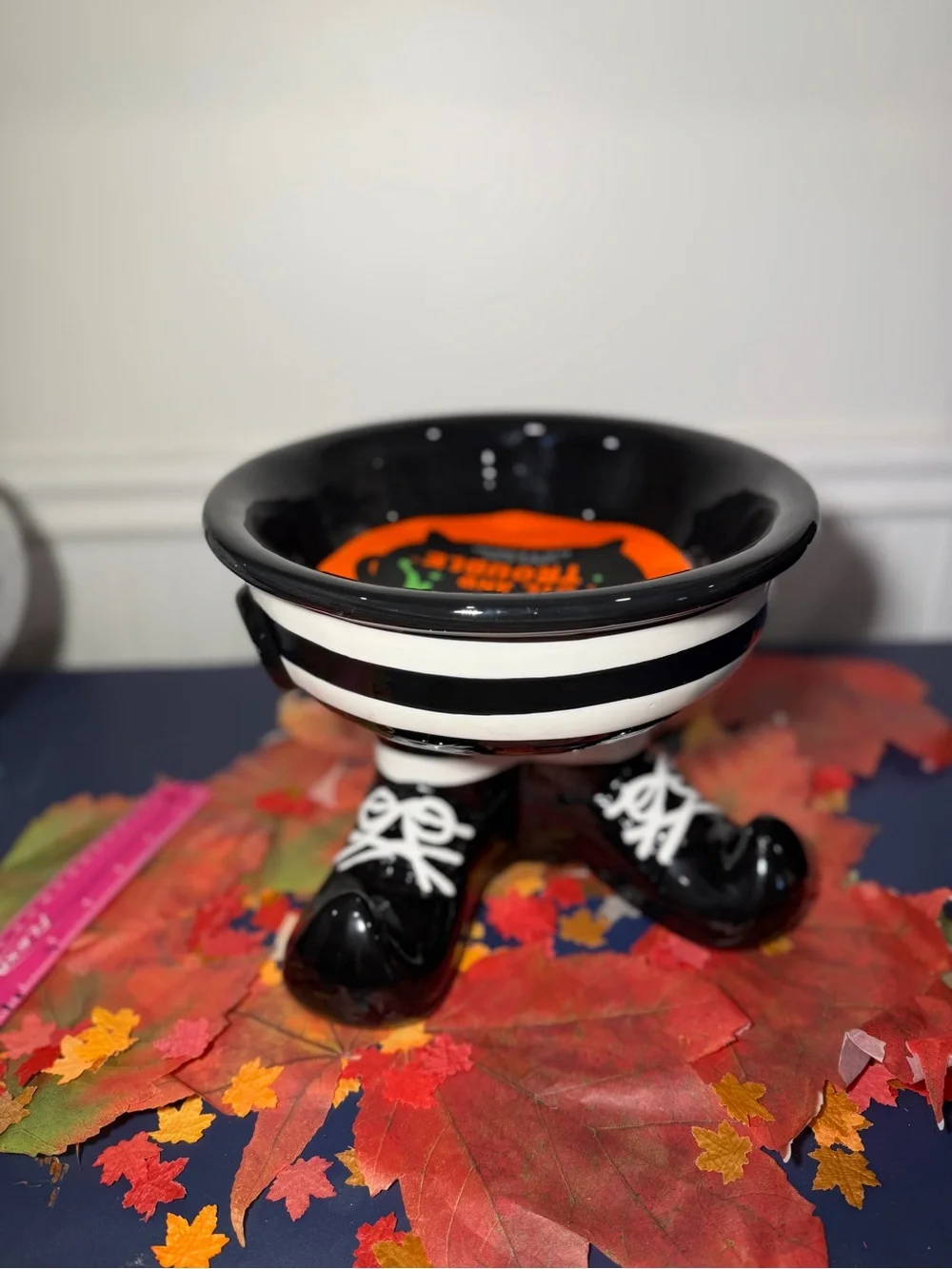 Mackenzie Child’s inspired Black and White Striped Ceramic Feet Halloween Bowl